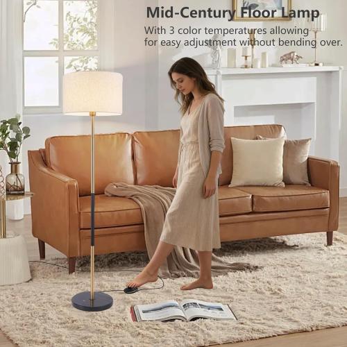 Mid Century Modern Floor Lamp for Living Room Tall Standing Lamp 3 Color Temperatures Corner Floor Lamps with Linen Shade & Marble Base Reading Light for Bedroom Office Lighting