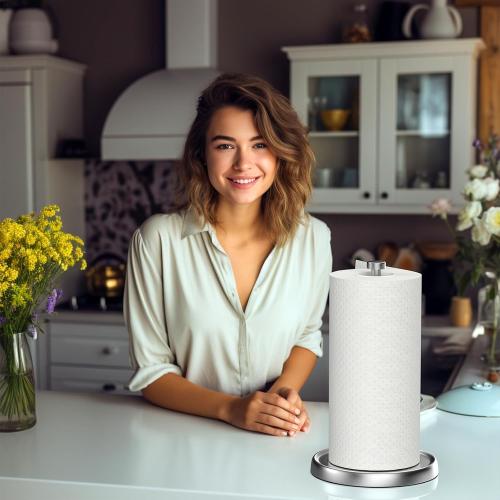 Paper Towel Holder Countertop, One-Handed Tear, Stainless Steel, Weighted Base, Silver, Paper Towel Roll Holder Stand with Ratchet Mechanism for Kitchen Bathroom Farmhouse Essentials Decor Accessories