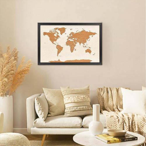 Wooden Frame Cork Board Map of World, 20 X 30 Bulletin Boards for Walls with 10 Pins, Travel Tracker Map for Office, School and Home (WD-MAP,5075,D)