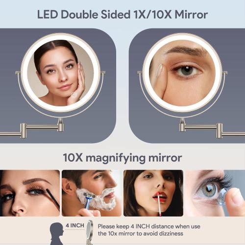 Rocollos Rechargeable Wall Mounted Lighted Makeup Mirror, 8 Inch Double-Sided LED Vanity Mirror 1X/10X Magnification,3 Color Lights Touch Screen Dimmable 360°Swivel 13 Inch Extendable
