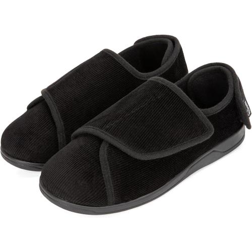 Size/11 HomeTop Men's Corduroy Slippers Comfy Adjustable Hook and Loop Memory Foam Wide Indoor House Shoes for Diabetic Swollen Feet
