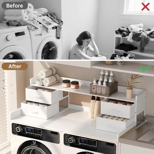 4 Drawers Washer Dryer Countertop with Shelf, 27.5 D x 54 W Laundry Topper with 3.54 High Guardrails and Non-Slip Pads,Extra Storage Organizer for Over Washer and Dryer, Holds 66 Lbs,White