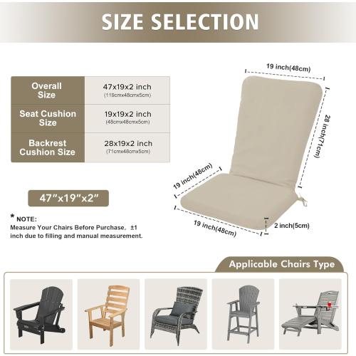 Adirondack Chair Cushion Set of 2-19''x19'' Seat & 19''x28'' Back, Outdoor Rocking Chair Cushions with Waterproof, Fade-Resistant, Removable & Machine-Washable Covers, Cream