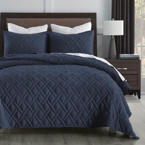Set Queen Size Navy Blue, Classic Geometric Diamond Stitched Pattern, Ultra Soft  2 Pillow Shams