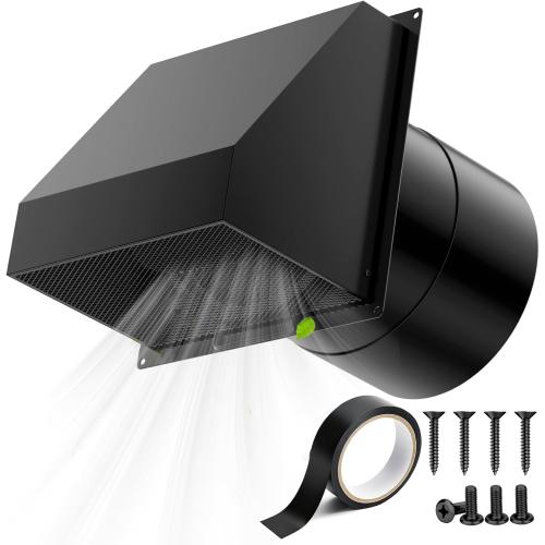 HG Power 8 Inch Hooded Wall Vent with Damper and Screen, Exterior Vent Covers，Galvanized Steel Exhaust Vent, Exhaust Fan Cover for Kitchen Range Hood Ventilation, HVAC Duct Air Exhaust, Black