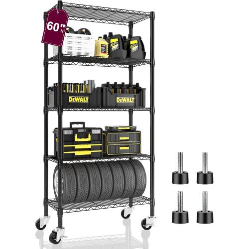 5 Tier Metal Wire Shelving with Wheels Casters, 750 lbs Heavy Duty Shelving Unit Wire Rack, Rolling Adjustable Storage Shelves for Kitchen, Garage, Pantry 14 D x 30 W x 60 H