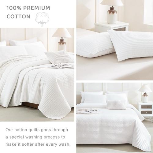 Sanracie Stonewashed Oversized King Bedspread(118x106), Cotton Milk White California King Quilt Coverlet Cross Stitch Ultra Soft Lightweight 3Pcs Crinkle Bed Coverlet Set for All Season