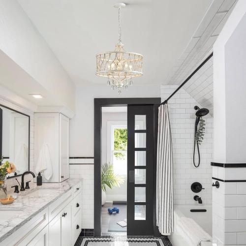 Modern Crystal Chandelier, 5-Light Farmhouse White Chandelier for Dining Room Vintage Hanging Pendant Light Fixtures Round Chandelier for Kitchen Island Entryway Foyer Bedroom Office Bar