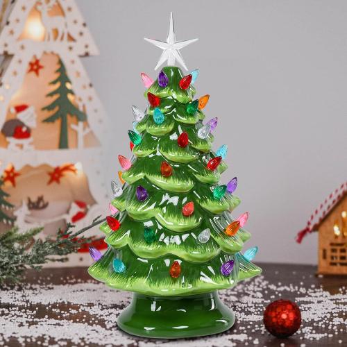 VCUTEKA Small Ceramic Christmas Tree Hand-Painted Vintage Tabletop Green Christmas Tree Holiday Decoration with Multi-Color Lights Xmas Trees 12 inch