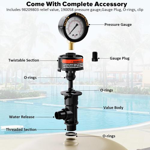 MISSING PIECES Manual Air Relief Valve for Pool and Spa Filters, Pool Filter Air Relief Valve with Pressure Gauge Replacement, Air Relief Valve for Pool Filter, Includes Gauge Plug, Pressure Gauge, O-Rings, Clips.