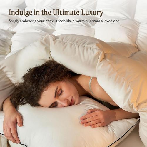 BPC Heavyweight Organic Feather Down Comforter Queen Size, Hotel-Luxury Extra Fluffy Duvet Insert with Cotton Cover and Puffy Feather Down Filling for Winter, Ivory White, 90x90 Inches
