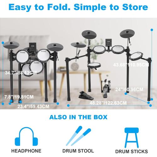 Electric Drum Set with Kick Hammer Pedal, Electronic Drum Kit for Kids Adult Beginner with 150 Sounds, 10 Cymbals, 4 Quiet Mesh Pads, all-in-one drum set with Throne, Headphones, Sticks