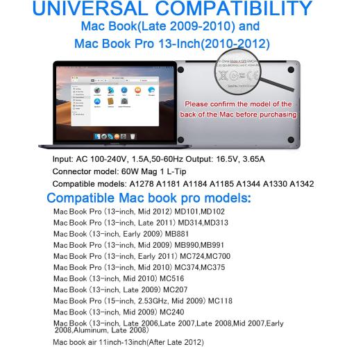 Mac Book Pro Charger,60W Power Adapter L-Tip Magnetic Connector Charger and Compatible with Pro 13 Inch Before Mid 2012,Fast Charger for Old Mac Book Pro
