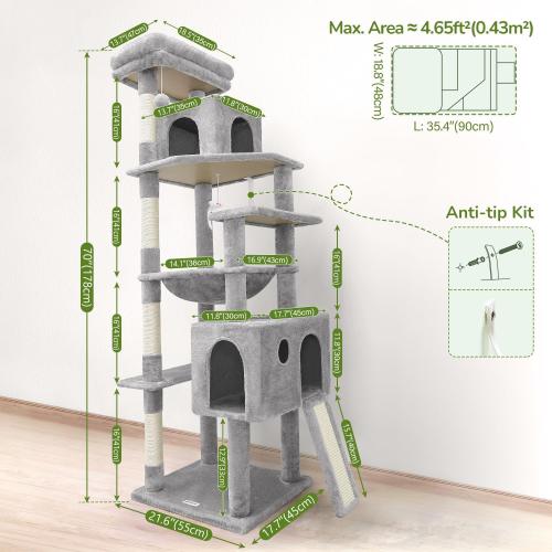 Globlazer Heavy Duty Cat Tree, 70 inch Sturdy Cat Tree for Indoor Cats Extra Large Cat Tower with Scratching Post, Hammock, Cat Condo for Adult Cats Kittens, F70 Pro, Light Grey ‼️light use‼️