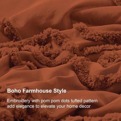 Luxudecor Terracotta Boho Tufted Comforter Set Boho Shabby Chic Comforter Farmhouse Embroidery Bedding Set Soft Comforter for All Seasons (Terracotta)