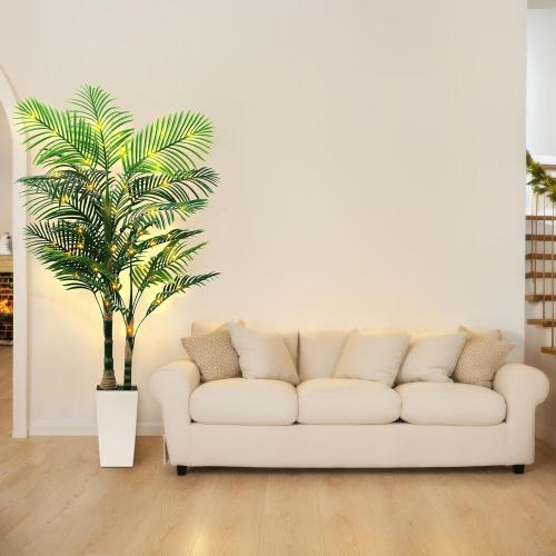 6ft Artificial Golden Cane Palm Tree with LED Fairy Lights & White Tall Planter - Lifelike Faux Tropical Palm Plant with Realistic Trunk and Palm Leaves for Home Office Living Room Corner Decor