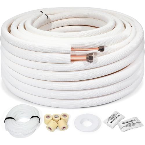 TEPU 50Ft Mini Split Line Set 1/4 and 3/8 O.D Copper Pipes Tubing with Nuts and 3/8 White Thickened PE Insulated Coil for Mini Split Air Conditioner HVAC or Heat Pump, Line Set Cover