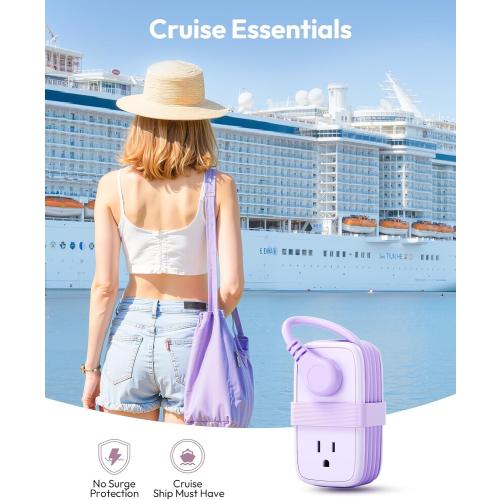 NTONPOWER Purple Travel Power Strip,Travel Essentials 4 Outlets 3 USB(1 C) with 4FT Wrapped Extension Cord Flat Plug, Cruise Essentials 2026 for Hotel Travel Cruise Essentials