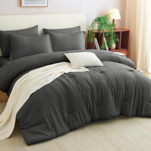 CozyLux Queen Comforter Set Dark Grey, 7 Pieces Bed in a Bag Queen Comforter Set with Sheets, Bedding Sets with Down Alternative Comforter, Fitted Sheets, Flat Sheets, Pillow Shams and Pillowcases