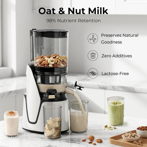 Juicer Machines, 3-in-1 Cold Press Juicer with 6.5 Extra Large Chute, 100oz Large Capacity, AC Motor, Makes Juice, Nut Milk & Sorbet, Bright White