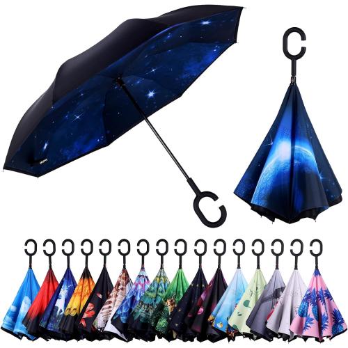 Inverted Umbrella, Windproof Reverse Umbrellas for Rain with Reversible Inside-Out Design Large Upside Down Umbrella for Women & Men with C-shaped Handle (Universe)