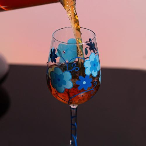 15 OZ Blue flower Artisan Painted Wine Glass,Flower Print Wine Glasses,Lead-Free Glasses Goblet for Home Dinning, Bar and Party Wedding Gift
