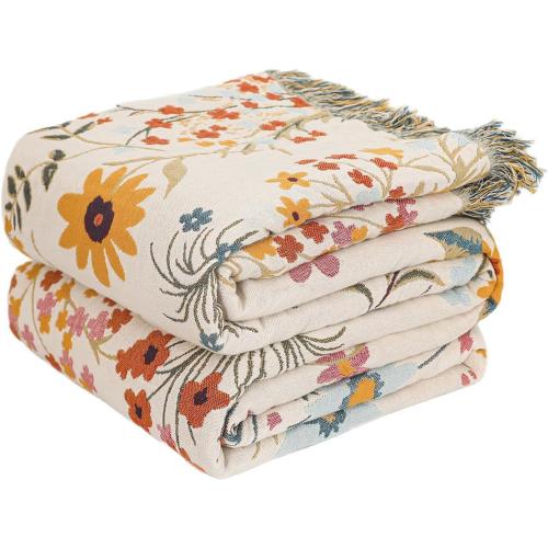 Boho Throw Blanket for Couch Sofa Chair Cotton Breathable Blankets for Bedroom Living Room All Season Soft Lightweight Reversible Floral Embroidery Throws Home Decor 50x 60