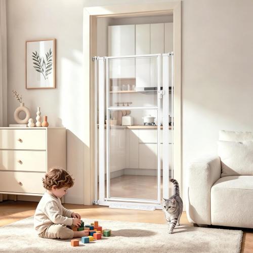56 Extra Tall Pet Gate for Cats, 29.5-33.5 Wide Pressure Mount Clear Acrylic Tall Dog Gate Safety Barrier, No Drilling Gate Indoor for Doorways Hallway, White