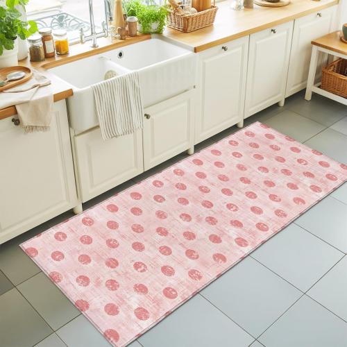 Hallway Runner Rug 2'x6', Polka Dot Kitchen Runner Rugs Non-Slip Carpet Mats, Pink Modern Geometric Vintage Spots Bedside Rugs Runners Washable Floor Carpet for Bathroom Laundry Room
