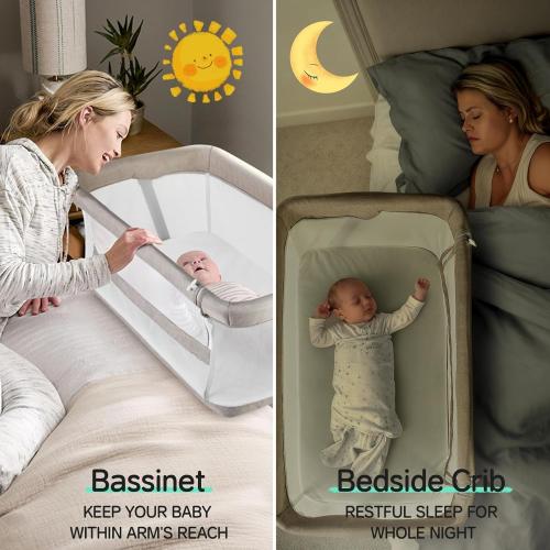 Cowiewie Bassinet Bedside Sleeper,Baby Bassinet Slides Over Bed,5-Position Height Adjustment & Breathable All-Mesh Wall Bedside Bassinet for Baby,Space-Saving Bedside Crib, Height(37.4-41.3) (Beige)