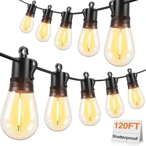 Brightever 120FT Outdoor String Lights Waterproof, LED Patio Lights with 34 S14 Shatterproof Vintage Bulbs12 (2 Spare), 2700K Outside Hanging Decorative Lights for Cafe, Bistro, Party, Birthday, Holiday