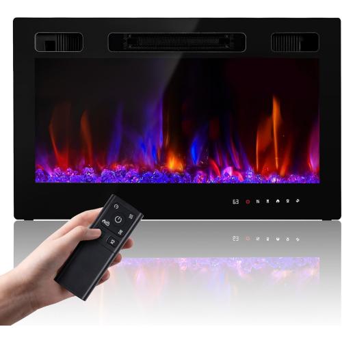 Electric Fireplace Insert 36 Realsmart 1500W Wall Mounted Fireplaces Recessed Heaters Remote Control Slim Black Fireplace Touch Screen Timer 12 Flame Colors LED Decor Low Noise