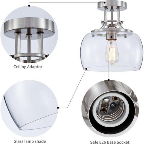 WUZUPS Chandelier Rustic Farmhouse Industrial Round Semi-flushmount Ceiling LED Light Fixture with Clear Glass Shades for Bathroom Kitchen Foyer Entryway, H 10 x W 10, E26 Base, Brushed Nickel