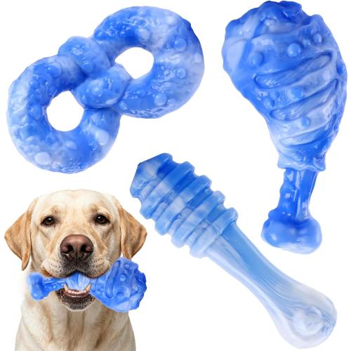 WinTour Dog Toys for Aggressive Chewers 3 Pack, Tough Dog Chew Toys for Aggressive Chewers, Indestructible Dog Toy to Keep Them Busy for Small, Medium and Large Breeds, Bacon Flavor, Blue