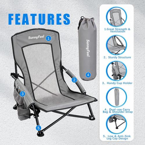 SUNNYFEEL Folding Low Camping Beach Chair 2 Pack, Lightweight Portable Lawn Chair with Mesh Back, Cup Holder for Outdoor/Travel/Picnic/Concert, Foldable Camp Backpack Chair with Carry Bag