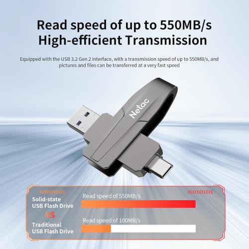 Netac 128GB Portable External USB Solid State Drive up to 550MB/s Type-c and USB 3.2 Dual Interface for Data Storage, Expansion of Storage for Photos/Videos/Music/Files, US8