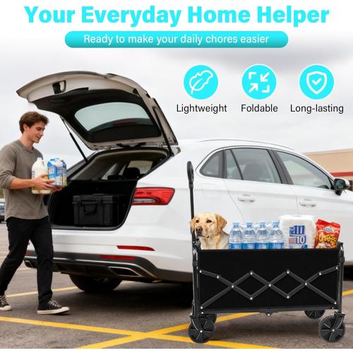 Wagons Carts Foldable, Collapsible Wagon with Wheels — Foldable Wagon for Groceries,Picnic,Beach,Camping, Small Hauls, Apartment Moving Storage, Portable Utility Folding Wagon Cart, ,Jet Black