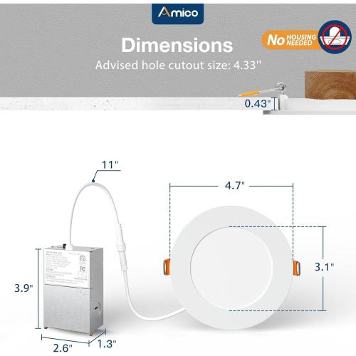 Amico  4 Inch 5CCT Ultra-Thin LED Recessed Dimmable Ceiling Light with Junction Box, 2700K/3000K/3500K/4000K/5000K Selectable, 10W Eqv 60W, 800 Lumens, High Brightness Downlight - ETL&FCC