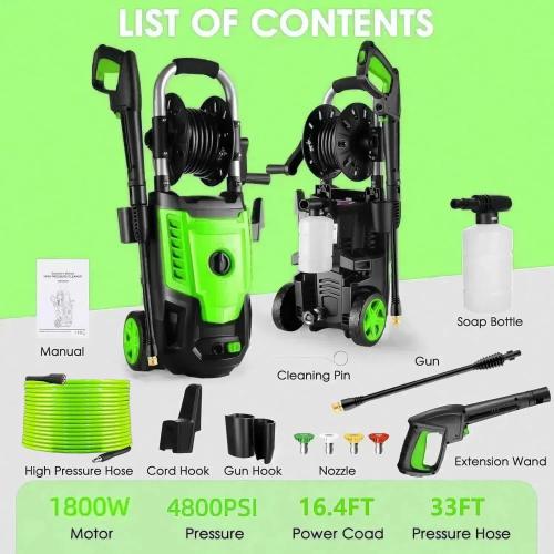 4800PSI Electric Pressure Washer- 3.8GPM High Power Washer with 33FT Hose Reel, 4 Spray Tips and Soap Bottle for Car Washing, Fence Cleaning, Patio Maintenance（Upgraded） (Green)