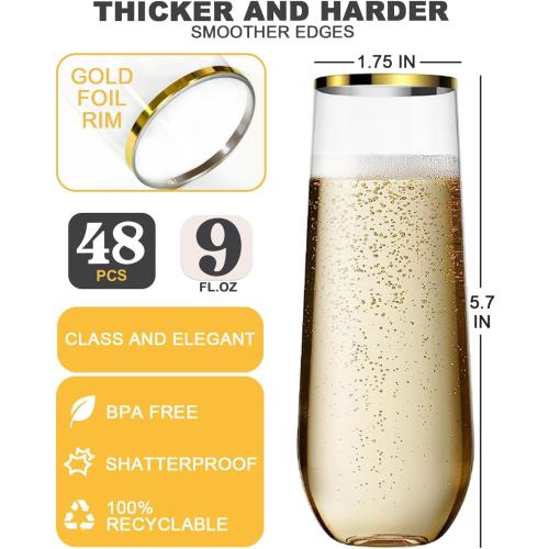 48 Pack Plastic Champagne Flutes, 9 Oz Disposable Wine Mimosa Glasses