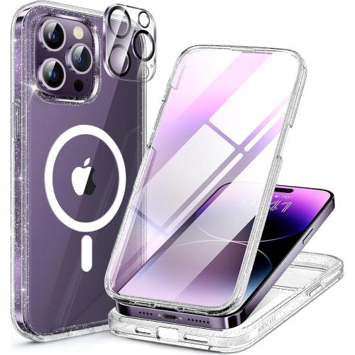 Miracase Magnetic for iPhone 14 Pro Max Case 6.7 inch, (Compatible with MagSafe) Upgrade Full-Body Clear Phone Bumper Case with Built-in 9H Tempered Glass Screen Protector, Magnetic Glitter Clear