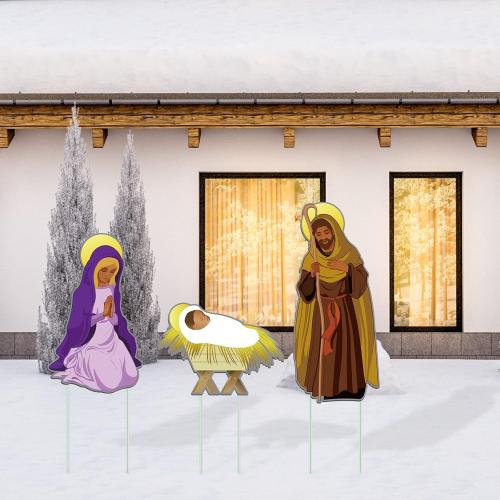 Amyhill 3 Pieces African American Christmas Decorations Black Nativity Set Outdoor Large Nativity Scene Manger Scene Holy Religious Yard Sign Decoration for Holiday Garden Lawn Decor