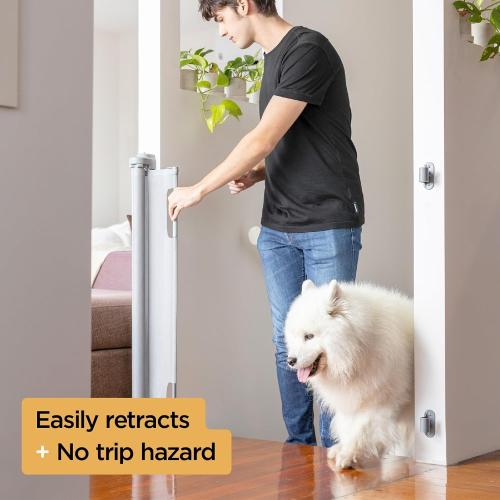Hakuna Pets Indoor/Outdoor Paw Proof Retractable Dog Gate, 36.6 Tall Extends to 71 Wide, Gray