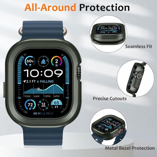 Amizee 2 in 1 Metal Rugged Case Compatible with Apple Watch Ultra 3/2/1 Case 49mm, Aluminum Shockproof Protective Bumper Cover for iWatch 49mm, Army Green