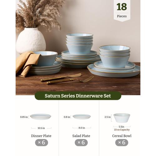 Famiware Saturn Plates and Bowls Dish Set Stoneware Dinnerware Set with Hand-Painted Trim - Chip & Scratch Resistant, Microwave & Dishwasher Safe Ceramic Dishes, Light Blue