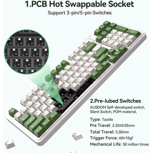 Green & White AUSDOM 98Pro Silent Mechanical Keyboard, Wireless Hot Swappable Gaming Keyboard with Backlit,Gasket Structure,Pre-lubed Tactile Switches,2.4GHz/Type-C/Bluetooth Custom Keyboards (Green & White-Silent)