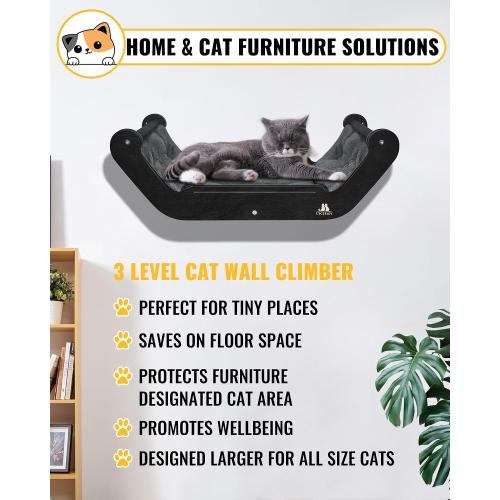 Wooden Cat Wall Shelves with 3 Steps – Space-Saving Wall Mounted Cat Tree Set, Modern Climbing Wall Furniture & DIY Shelves Kit for Small Apartments, Cat Bed for Sleeping, Playing and Climbing