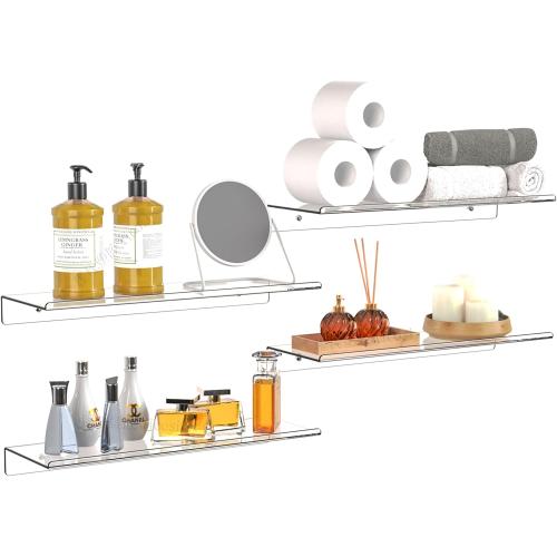 Clear Acrylic Floating Shelves Set of 4 for Lego Sets Funko Pop Collectibles Kids Bookshelf Figures Plant Picture Photo Modern Wall Ledge Floating Shelf for Bedroom Decor Living Room Wall Shelf