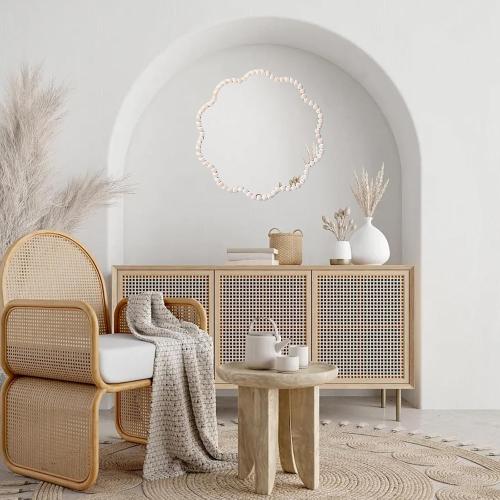 Small Boho Beaded Flower Mirror for Wall Decor, Cute Decorative Hanging Wooden Circle Nursery Mirrors for Girl Room, Bedroom, Livingroom