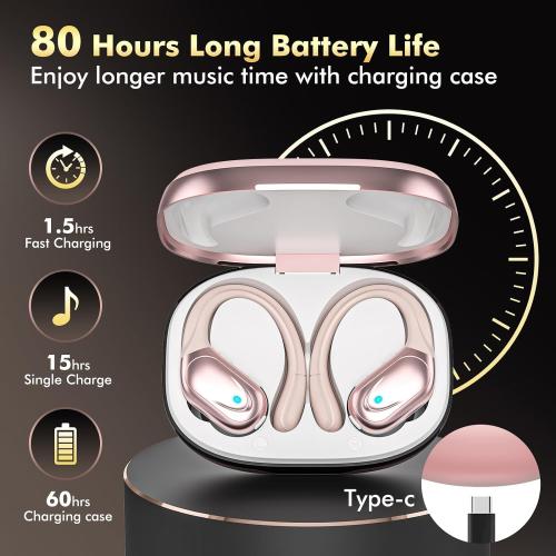 Pink Wireless Earbuds Bluetooth Headphones 80hrs Playback Ear Buds Power Display with Noise Canceling Mic Headsets for Sports/Workout/Running